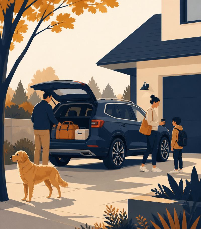 Family loading an SUV in the driveway