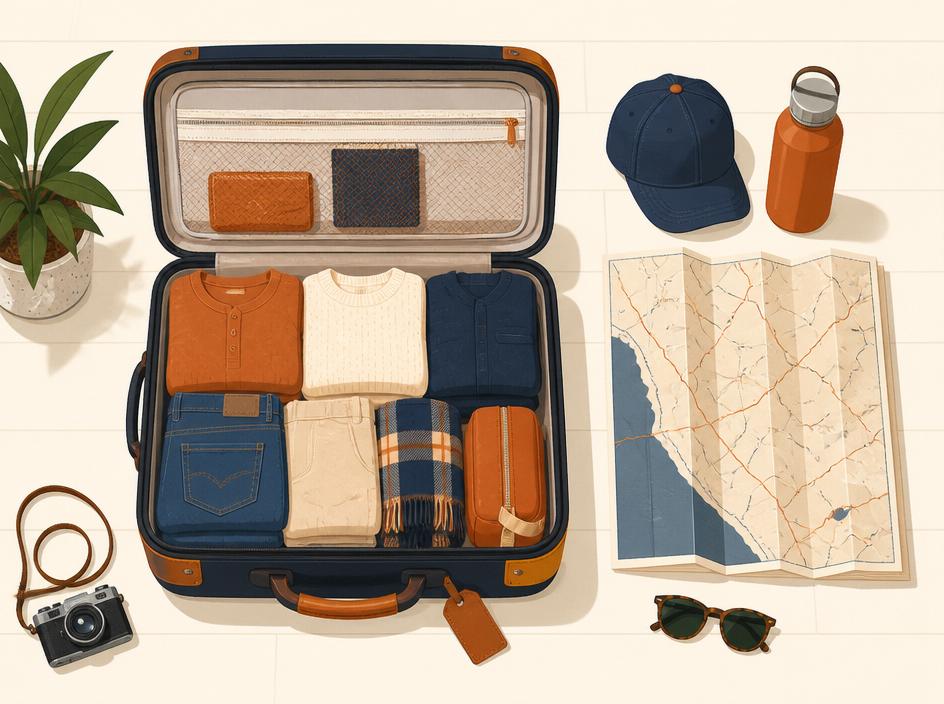 Packed suitcase for a road trip